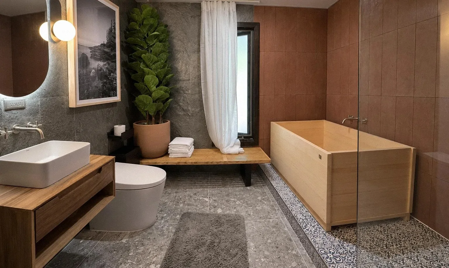 The bathroom with a natural Hinoki wood ofuro tub